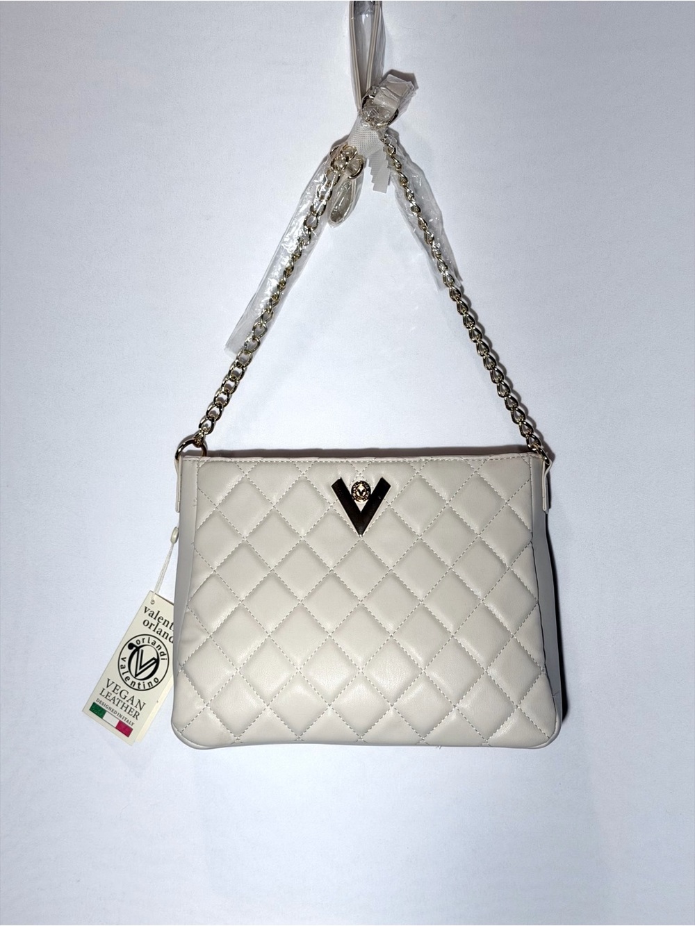 *Valentino Orlandi* Bone Ivory Quilted Crossbody Bag Gold V Logo Vegan Leather